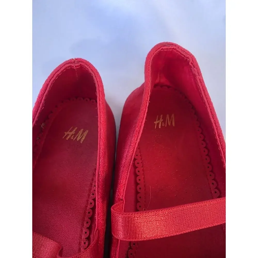 H&M Girls Red Ballet Flats Bow Strap Round Toe US 11.5 EU 29